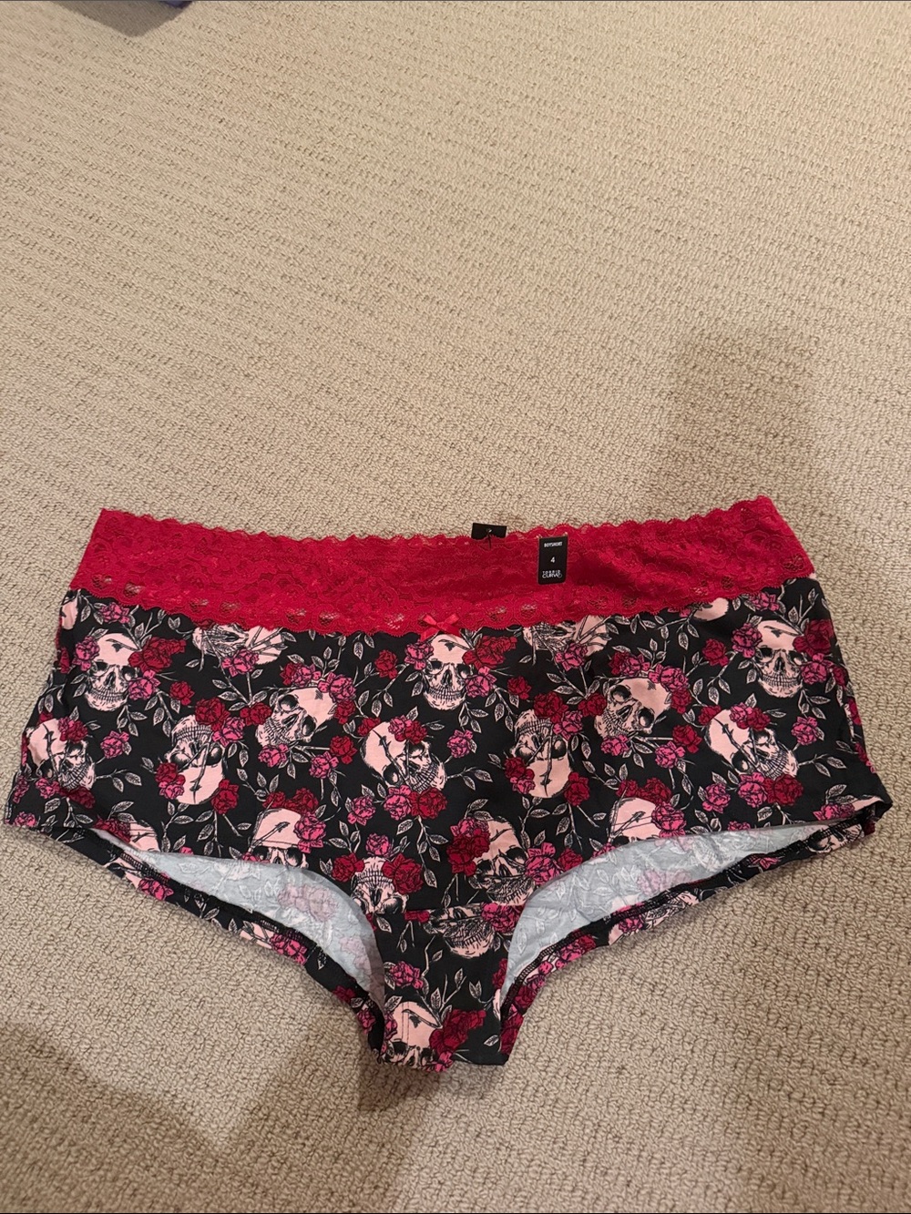Torrid Black Floral & Skull Boyshorts with Red Lace Waistband